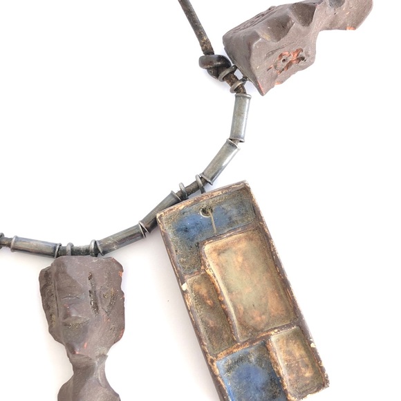 Vintage Artisan Modernist Necklace with Silver Beads and Pottery Pendants - Picture 10 of 13